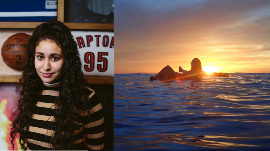 Shantal Kash smiles at the camera with the raptors logo in the background. Another picture is also featured of Kash floating in the sea.
